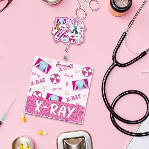 Obookey Xray Badge Buddy, Pink Radiology Badge Buddy Retractable, Glitter Xray Tech Badge Reel with Swivel Clip for Radiologic Technologist Radiology Tech Student Essentials thumbnail 2
