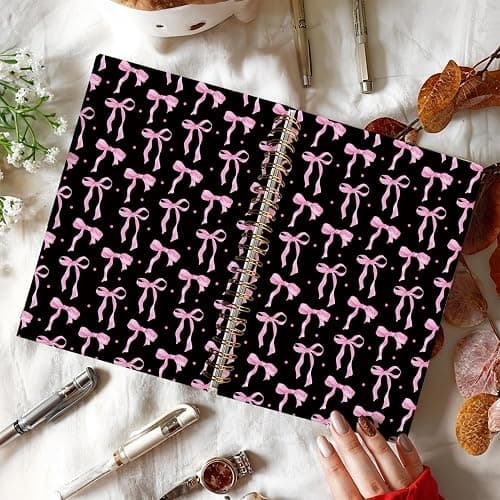 LIANGW Coquette Pink and Black Bow Notebook Journal for Teen Girls & Women, Preppy Cute Journal Gifts for Women, Pink Girly Gifts, Black Office Supplies, Hardcover Spiral Notebook, 5.5x8.3 Inch thumbnail 2