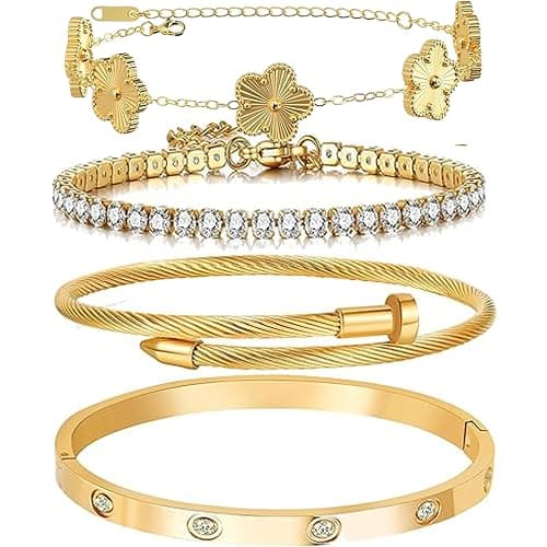 Lamdo 18K Gold Plated Womens Stackable Floral Gold Clover Bracelets Set Love Bangle Bracelets Non Tarnish, Gold Bracelet Set Trendy Jewelry,Gifts for Women's Day and Mother's Day - Gold - One Size - Image 1
