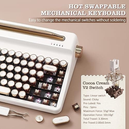 YUNZII QL75 Wireless Typewriter Hot Swap Retro Mechanical Keyboard,Punk Round Keycaps,RGB Backlit QMK/VIA Programmable, Multi-Device Keyboard with 2.4GHz/Type-C/BT5.0 (White, Cocoa Cream V2 Switch) thumbnail 6