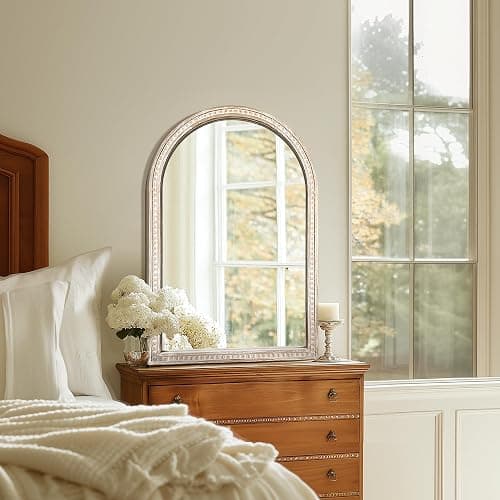 AMOISE Arched Vanity Wall Mirror 36 x 24 Inch Beaded Wood Frame Boho Farmhouse Decorative Mirror for Bathroom Bedroom Entryway Living Room thumbnail 3