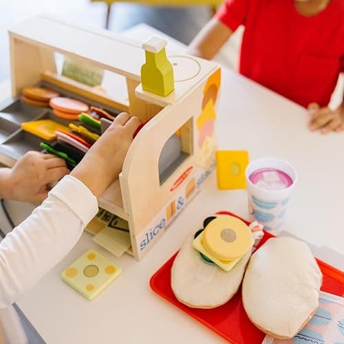 Melissa & Doug Slice-Stack-Serve, Wooden Sandwich Counter Pretend Play Store with Play Food Toys, Play Money & Deli Slicer, Preschool Toys for Kids 3+ thumbnail 5
