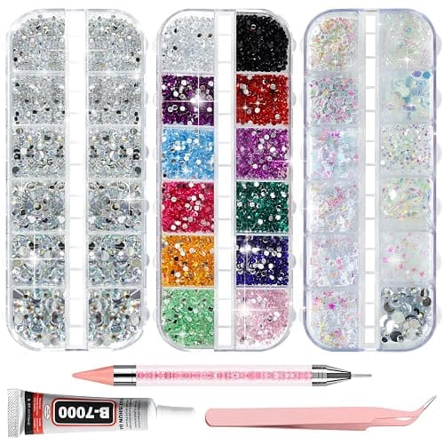 4200pcs Nail Rhinestones, 6 Sizes Silver AB Nail Gems, 6 Colors Mixed Rhinestones, 6 Styles of Sequins, Including 15ml B-7000 Glue, Pick-Up Tweezers & Dotting Pen - Image 1