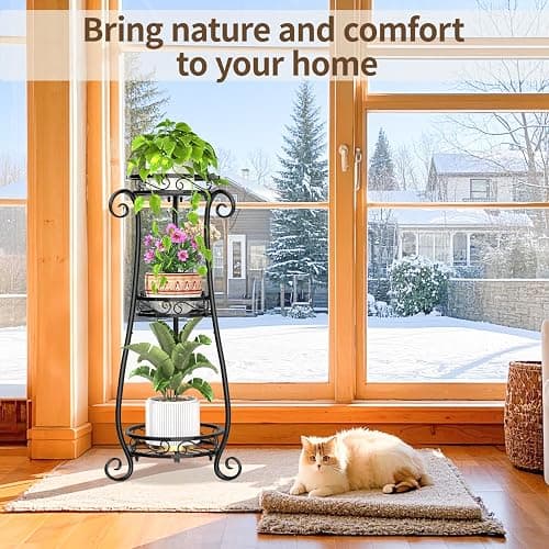 LASZOLA 3 Tier Black Metal Plant Stand for Multiple Large Planters Indoor Outdoor Organizer, Heavy Duty Tall Flower Stand for Corner Patio Bathroom Office, Modern Sturdy Vertical Iron Rack, Cat Proof thumbnail 3