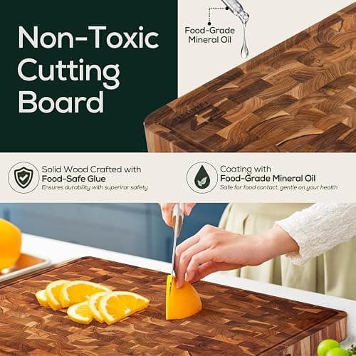 EZ FURNITURE Non-Toxic Teak Wood Cutting & Serving Board, Luxury Ideal Christmas Gift for Kitchen, Knife Friendly, Pre-Oiled End Grain with Juice Groove & Handles (L 20" x 15" x 1.5", 11.90 lbs) thumbnail 4
