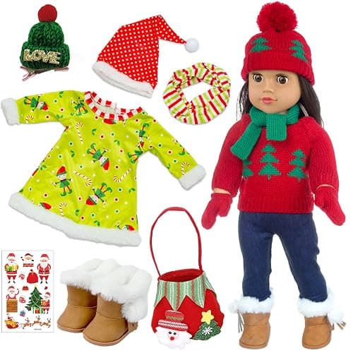 UNICORN ELEMENT 2 Sets Christmas Doll Clothes and Accessories Fit 18 Inch Girl Doll Christmas Santa Costume Including Christmas Dress, Sweater, Hairpin, Hat, Scarf, Boots, etc - Image 1