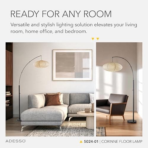 Adesso Floor Lamp, Black & Off-White Paper, Overhead Light, 80” | Corinne 100W Arc Floor Lamp with Oval Shade and Rotary Switch for Living Room, Nursery, Bedroom, or Office Lighting thumbnail 3