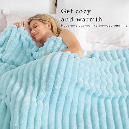 Exclusivo Mezcla Fleece Throw Blanket for Couch, Super Soft Striped Jacquard Bed Blanket, Lightweight Fuzzy Cozy for All Seasons, 50x60 Inches, Light Blue - Light Blue - Throw (50"x60") thumbnail 2