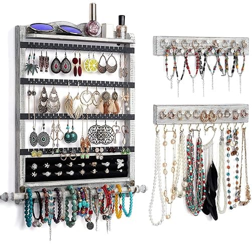 QILICHZ Wall Jewelry Organizer Set of 3 Jewelry Holder Jewelry Organizer Wall Mounted Wood Hanging Jewelry Wall Organizer Rustic Jewelry Hanger for Jewelry Storage Display - Image 1