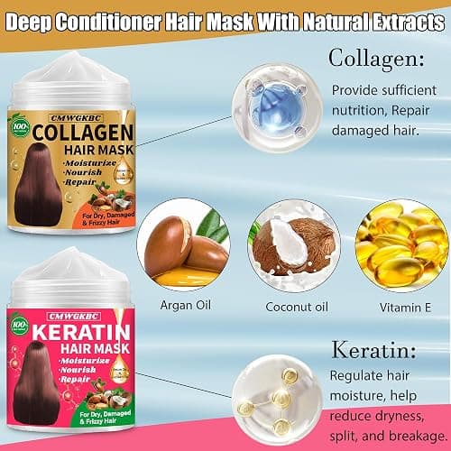 Collagen Hair Mask & Keratin Hair Mask for Damaged Hair,Keratin Hair Treatment,Repair Deep Conditioner for Dry Hair,Vitamin E Natural Hydrating Hair Mask with Argan Oil All Hair Type,Hair Care Gifts thumbnail 2