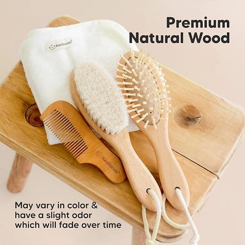 Baby Hair Brush Set for Newborns - Soft Goat Bristle Wooden Baby Brush and Comb Set Newborn Grooming Kit for Cradle Cap, Durable & Gentle, Boy, Girl Infant Essentials Care Kit (Oval, Walnut) thumbnail 7