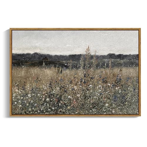InSimSea Framed Canvas Wall Art Vintage Decor, Landscape Wall Art, Meadow with Flowers Art, Modern Farmhouse Decor, Cottagecore Bedroom Bathroom Office Decorations, 24"x36" - Image 1