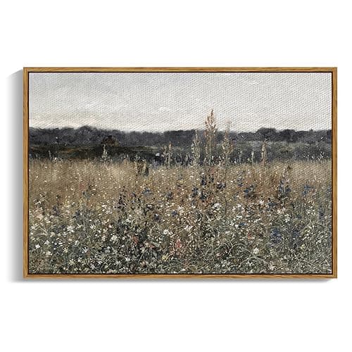 InSimSea Framed Canvas Wall Art Vintage Decor, Landscape Wall Art, Meadow with Flowers Art Decor, Modern Farmhouse Decor, Cottagecore Bedroom Bathroom Office Decor, 24"x36" - Champ Fleuri - 36L" x 24W" - Image 1