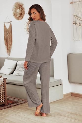 Ekouaer Women's Waffle Knit Pajama Sets Comfy Long Sleeve Lounge Sets 2 Piece Matching Pj Sets with Pockets thumbnail 3