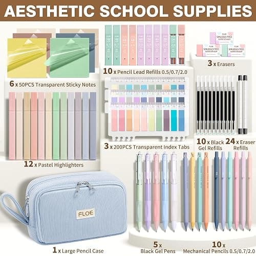 62PCS Aesthetic School Supplies, Cute Back to School Supplies College Essentials Preppy Stationary Set with Large Pencil Pouch Case, Pastel Highlighters Gel Pens Mechanical Pencils for Student Girls thumbnail 3