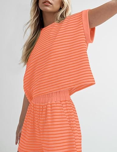 Burtell Women Summer 2 Piece Lounge Sets Striped Short Sleeve Tee Shirts Mini Shorts Loungewear Shorts Set Ribbed Pajama Set thumbnail 3