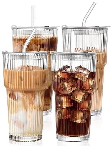 Amyoole 20 oz with Lids and Straws Ribbed Glass Cup Set of 4 | Clear Drinking Glasses, Reusable Vintage Iced Coffee Tumbler, Leak Proof Thick Glassware for Juice,Cocktail,Smoothie,Beer - Image 1