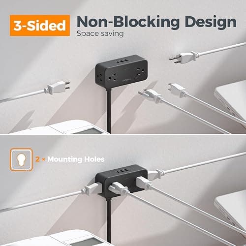 TESSAN Black Extension Cord 5 Ft, Flat Surge Protector Power Strip with 4 Wide Spaced AC Outlets 3 USB Ports (1 USB C), Ultra Thin Flat Plug with 900J Surge Protection, Office Dorm Room Essentials thumbnail 8