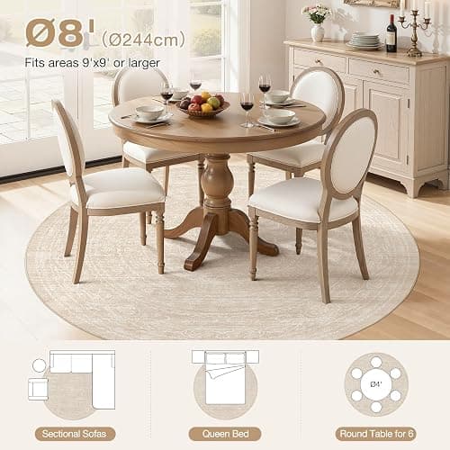8ft Round Rug Living Room: Washable Large Vintage Neutral Area Rug Non-Slip Soft Stain Resistant Indoor Carpet for Bedroom Nursery Dining Room Under Table Bed Home House Office Playroom - Beige thumbnail 8