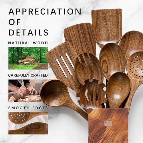 Hefild Wooden Spoons for Cooking, Nonstick Cooking Utensil Set with 10 Piece Acacia Wooden Spatulas and Spoons for Cooking, Terrific for Everyday Kitchen Tasks thumbnail 4
