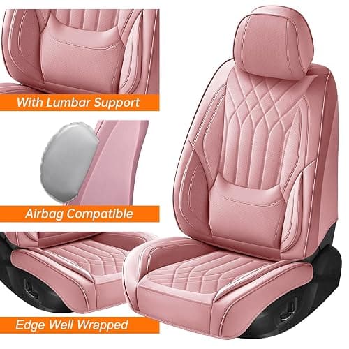 GEZHOUBA Pink Car Seat Covers Full Set, Full Coverage Luxury Leather Car Seat Protector Universal Fit for Most Cars SUVs Pick-up Trucks, Pink Seat Covers Car Interior Accessories for Women thumbnail 6