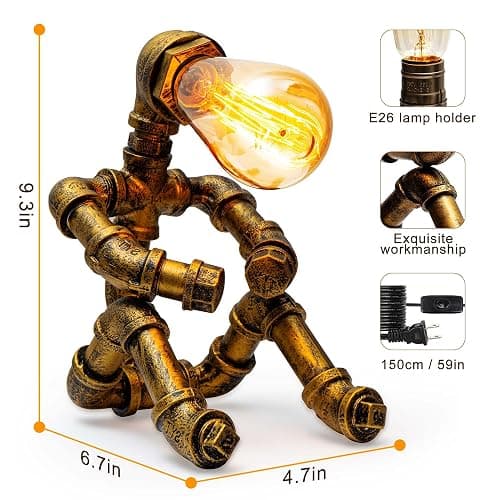 Steampunk Table Lamp, Vintage Industrial Metal Robot Table lamp, Water Pipe Table Lamp, Robot Style Desktop Light for Bedside Desk Bar Cafe Desktop Room Decoration (Not Included Bulb) thumbnail 2