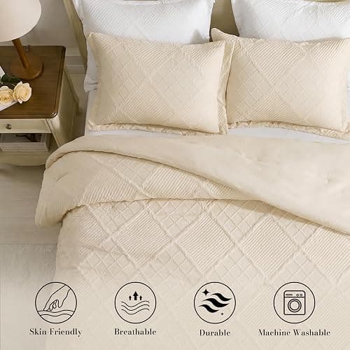 Amélie Home Queen Comforter Set, 3 Piece Beige Jacquard Bedding Set with 2 Pillow Cases, Soft Microfiber Diamond Design, Lightweight All-Season for Bedroom & Dorm thumbnail 2