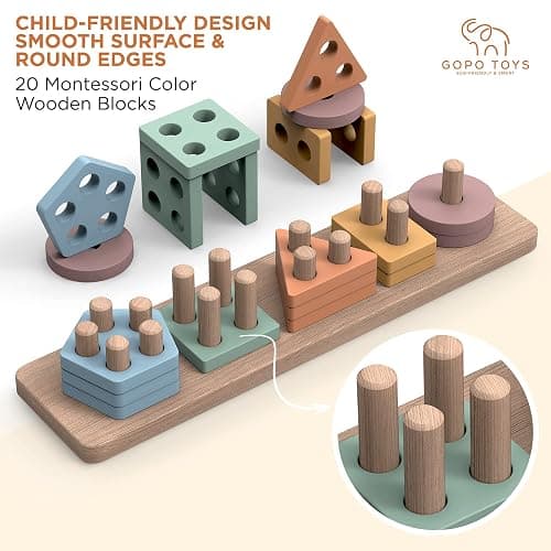 GOPO TOYS Montessori Toys for 1+ Year Old – Wooden Shape Sorter & Stacking Puzzle – Toddler Learning, Fine Motor Skills & Developmental Toy for Boys & Girls thumbnail 4