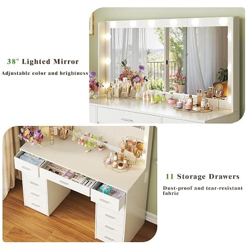 HUAHUU 43.3" Vanity Desk with Mirror and Lights, 3 Lighting Modes, Large Makeup Vanity Desk with 11 Fabric Drawers, Built-in AC Outlets & USB Ports, White Vanity with Lights for Bedroom Makeup Room thumbnail 4