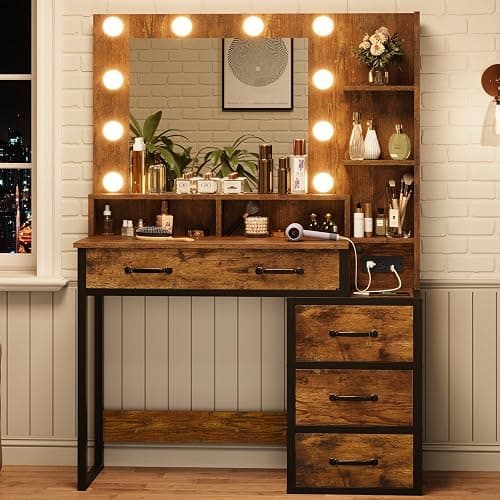 Tiptiper Vintage Makeup Vanity with Lights in 3 Colors, Vanity Table with Charging Station of 2 USB Ports and Outlets, Vanity Desk with Large Mirror, Drawers and Shelves, Rustic Brown and Black thumbnail 8