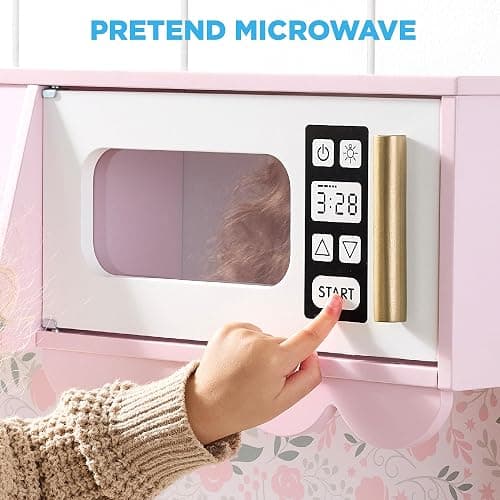 Best Choice Products Toddler Kitchen Playset, Wooden Cottage Kids Play Kitchen with 5 Accessories, Toy Storage, Scalloped Edge, and Pretend Play Microwave, Oven, Clicking Knobs - Pink thumbnail 6
