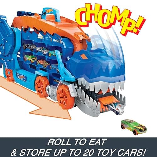Hot Wheels City Toy Car Track Set, Ultimate T-Rex Transporter, Hauler Transforms into Stomping Dino with Race Track, from Netflix Series “Let’s Race” thumbnail 3