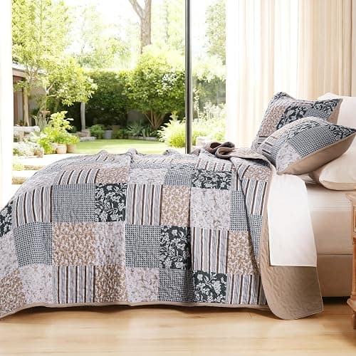 Mybedsoul Patchwork Quilt Set Queen Size, 3 Pieces Blue Brown Floral Plaid Bedspread Coverlet Set, Reversible Soft Microfiber Bedding Set for All Season, Fall Winter Queen 90"x96" thumbnail 3