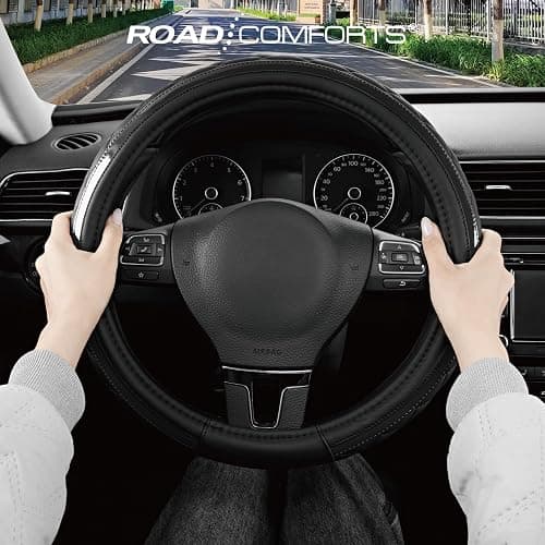 Road Comforts Leather Steering Wheel Cover – Black & Black, Universal Fit 14.5-15 Inch, Microfiber Leather, Anti-Slip & Breathable Design for Men and Women thumbnail 5