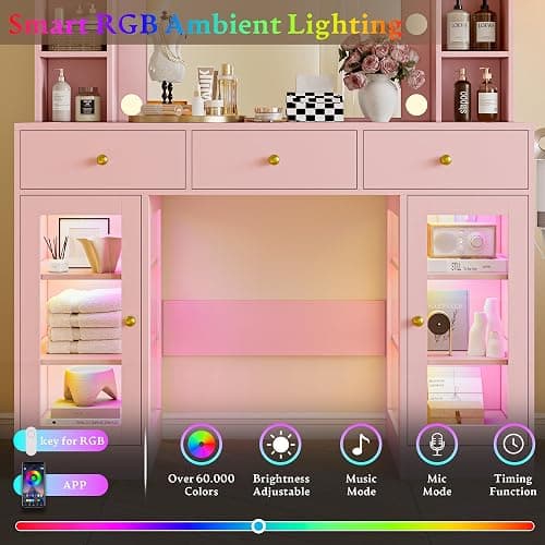 Wodeer Makeup Vanity Desk with Mirror and Lights, Pink Vanity with Glass Top, LED Lights & Power Outlet, 3 Drawers & 2 RGB Glass Cabinets, Adjustable Lighted Dressing Table for Women & Girls Bedroom thumbnail 3