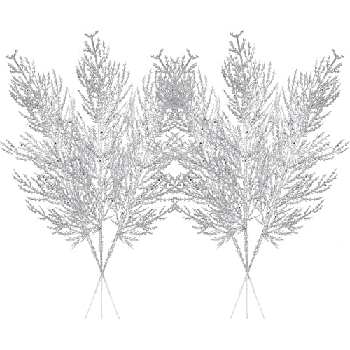 Christmas Glitter Stems 24pcs Artificial Pine Tree Picks for Christmas Tree Ornaments fillers, DIY Xmas Wreath, Crafts, Garland, Holiday, Party, Wedding and Home Decoration (Silver) - Image 1