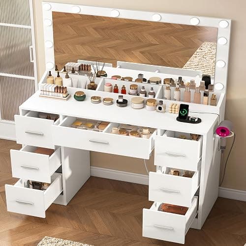 FIONESO Vanity with Large Mirror and 12 LED Lights, Vanity Desk with 7 Drawers & Hairdryer Holder, Makeup Vanity Desk with Charging Station for Women, Girls, 3 Lighting Color Adjustable, White thumbnail 3