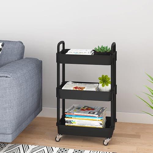UDEAR 3-Tier Kitchen Rolling Utility Cart,Multifunction Storage Organizer with Handle and 2 Lockable Wheels for Kitchen,Bathroom,Living Room,Office,Black thumbnail 5