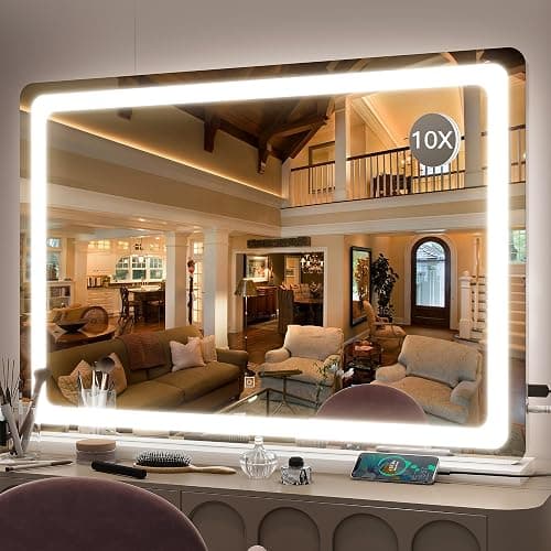 FENNIO Vanity Mirror with Lights 32"x22", Lighted Makeup Mirror, Large Vanity Mirror with Lights, Touch Sensor with 3-Color Lighting, USB Charging Port for Vanity Desk Tabletop - Image 1