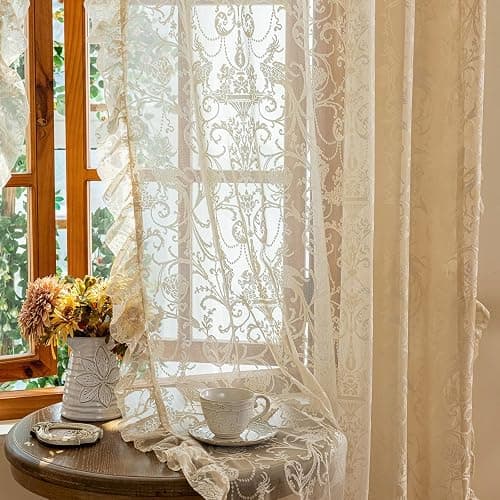 TUDECO Beige Lace Curtains for Bedroom - Floral Sheer Boho Crochet Curtains 63 Inch Length, Natural Ruffle Short Rod Pocket Light Filtering Window Treatment Grandma Core Decor, 59 x 63 Inch thumbnail 8