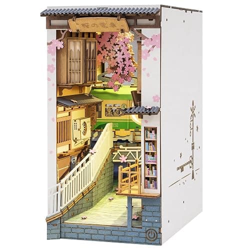 ROBOTIME DIY Book Nook Kit DIY Miniature Dollhouse Booknook Kit 3D Wooden Puzzle with LED Light,Decorative Bookend Bookshelf Insert Decor for Teens and Adults (Sakura Tram) - Image 1