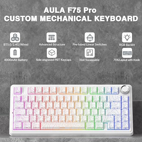 AULA F75 Pro Wireless Mechanical Keyboard with Knob,75% Hot Swappable Custom Gaming Keyboards,RGB Backlit,Pre-lubed Switches,Side Printed PBT Keycaps Creamy Sounding Computer Keyboard, Line White thumbnail 2