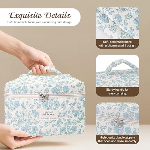Givurao 3Pcs Cotton Quilted Makeup Bag for Women Girls, Large Floral Cosmetic Bag Set Cute Makeup Brushes Aesthetic Accessories Storage Bag Travel Toiletry Bag Organizer, Little Flower Blue thumbnail 4