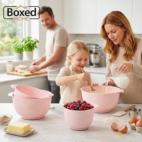 BoxedHome Nesting Plastic Mixing Bowl Set, 4 Piece Mixing Bowl Set with Pour Spouts, Size 1.7, 2.5, 3.5 and 4.5qt, for Prepping, Mixing, Baking, Cooking(2023 New Version, Pink) thumbnail 7