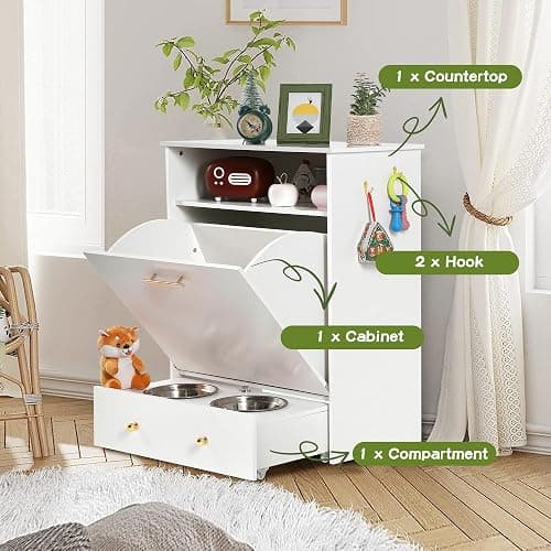 TITIMO Pet Feeder Station,Dog Food Storage Cabinet Container with 2 Pull Out Dog Elevated Bowls and Hanger,Pet Toy Storage Organizer,Feeding & Watering Pet Supplies (White) thumbnail 4