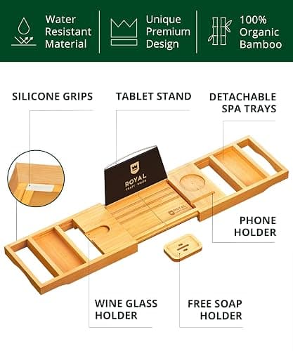 ROYAL CRAFT WOOD Premium Foldable Bathtub Tray - Expandable Bath Tray for Tub - Luxury Bathtub & Bathroom Accessories - Natural (Classic) thumbnail 3