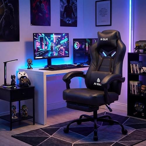 N-GEN GAMING Gaming Chair Big and Tall Computer Heavy Duty Office Desk Chair with Footrest Ergonomic Lumbar Support High Back Recliner for Adults (Dark Black) thumbnail 2