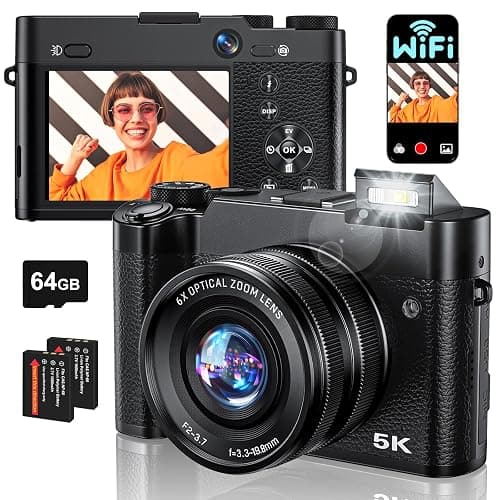 Digital Camera, 6X Optical Zoom & WiFi, 5K 30FPS 64MP Vlogging Camera, Rear and Front Cameras for Photography and Video, Autofocus & Anti-Shake, Travel Selfie for YouTube with Flash Dial 64GB Card - Image 1
