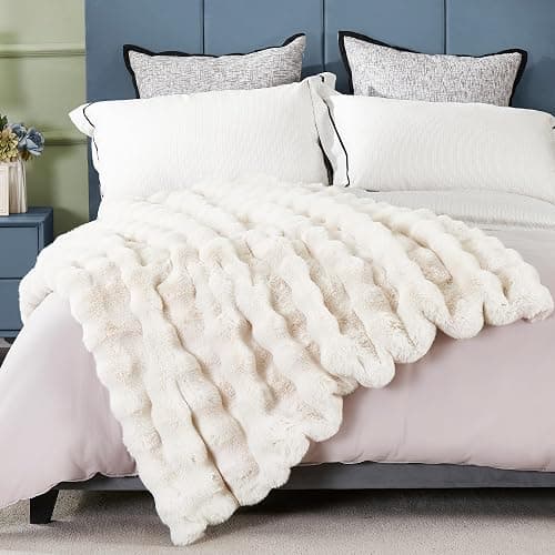 JONIYEAR Soft Fuzzy 900GSM Bubble Faux Rabbit Fur Throw Blanket 50" x 60", Double Sided Solid Thick Warm Fluffy Blanket for Winter, Luxury Cozy Puffy Shaggy Comfy Furry Blankets for Couch, Cream White - Cream White - 900gsm - Travel/Throw Size - 50" x 60" thumbnail 3
