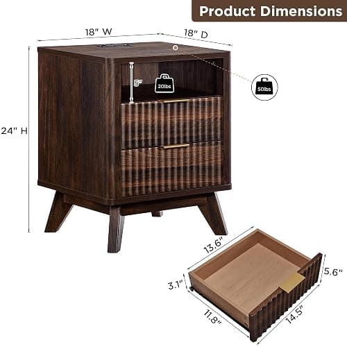 T4TREAM Fluted Nightstand with Charging Station, 18" Modern Side Table, 2 Drawers End Table with Storage, Bedside Table for Bedroom, Living Room, Curved Profile Design, Dark Walnut thumbnail 2
